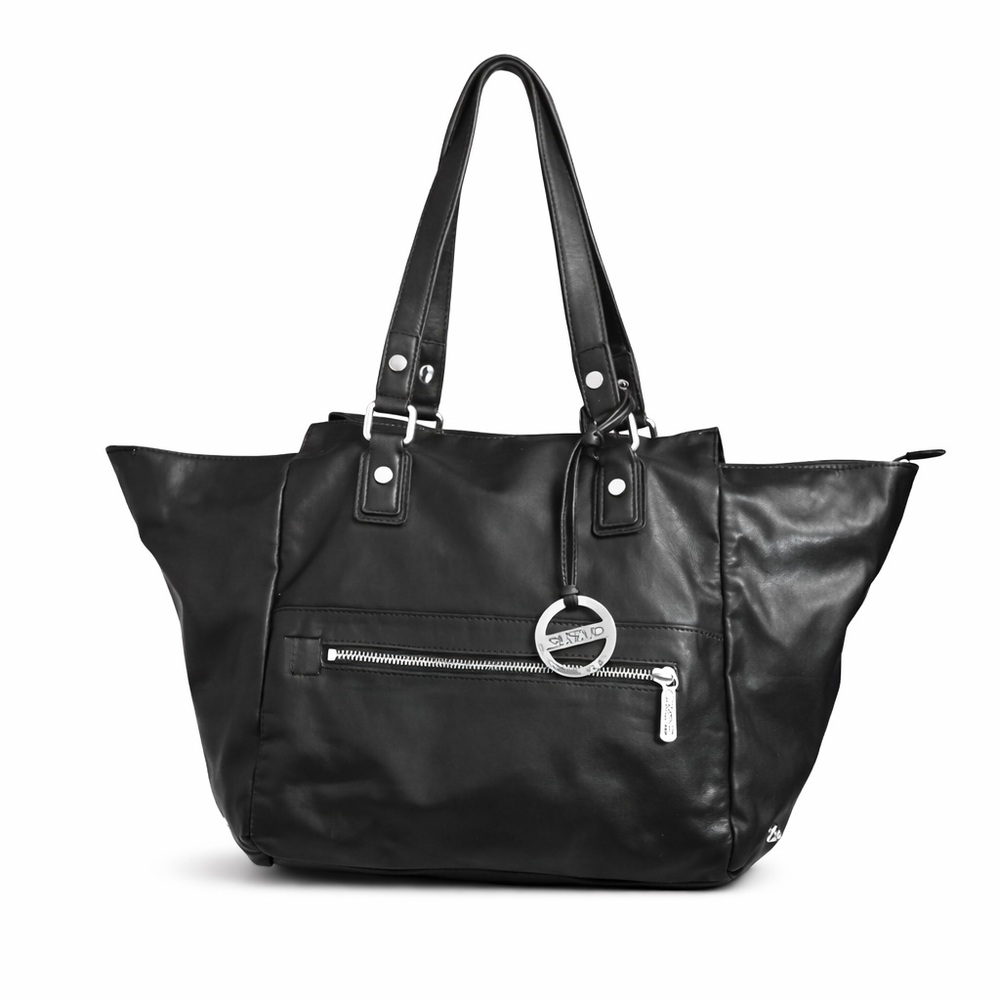 Cesar Mizrahi CMD Black Leather Tote Bag Silver Hardware Zip Pocket